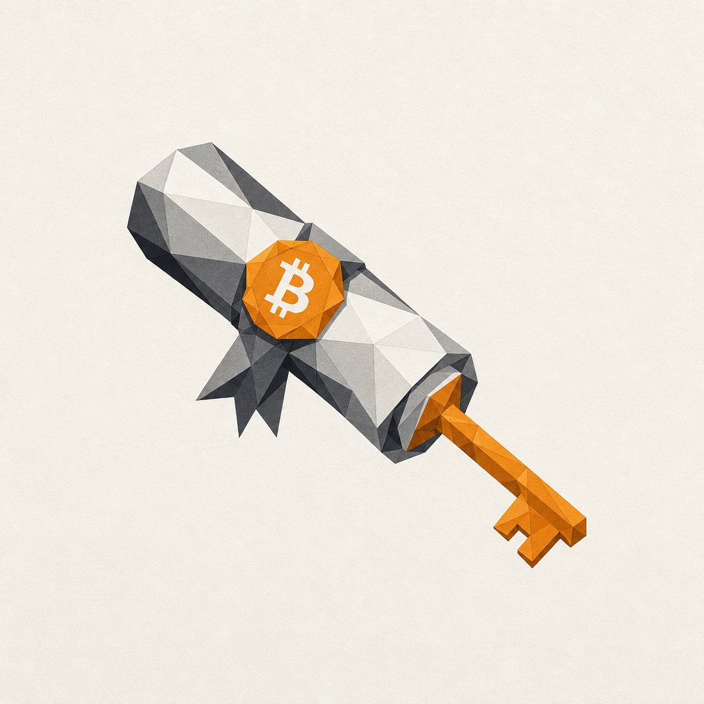 Un diploma faceteado con un sello de Bitcoin que se prolonga en una llave: el conocimiento que abre la puerta a tu propia soberanía